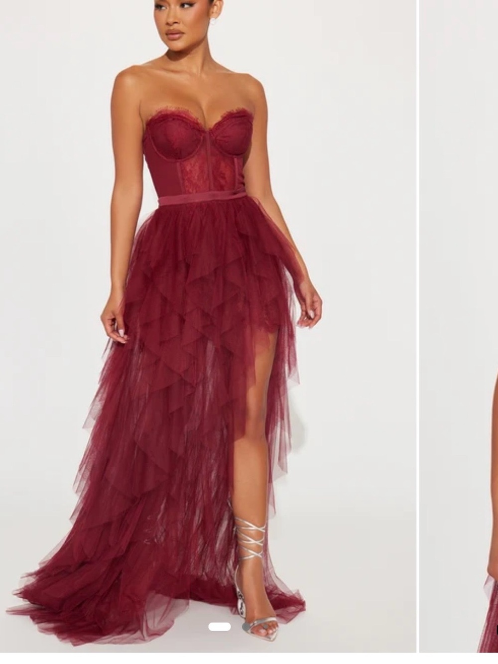 Fashion Nova Strapless Burgundy Tulle High-Low Gown